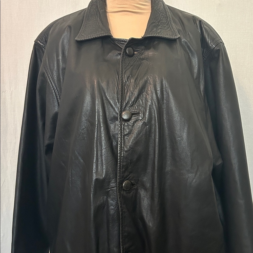 Long Black Genuine Leather Overcoat - Classic & Edgy Fits Men's XL - Picture 4 of 5